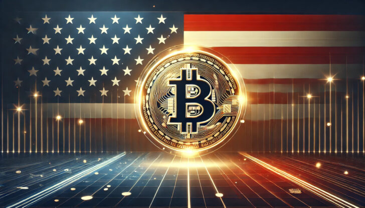 ビットコインのシンボルとアメリカ国旗を背景にしたデザイン。トランプ政権の仮想通貨政策を象徴