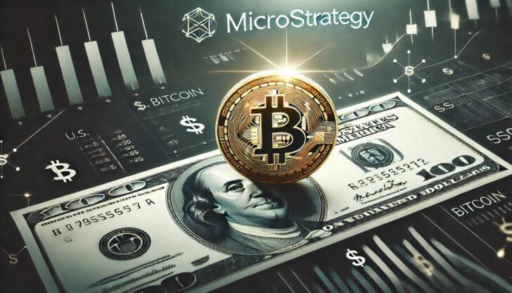 MicroStrategyがビットコイン追加取得のために17億5000万ドルを調達計画中であることを示す画像。ビットコインのシンボルとドル紙幣が背景に配置されている