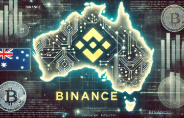 バイナンスのロゴとオーストラリア地図、規制の象徴としてのネットが描かれたアイキャッチ画像