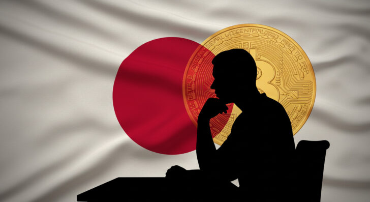 日本国旗を背景に慎重に考える人物とビットコインのシンボル