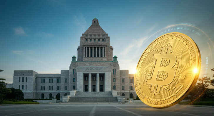 日本の国会議事堂を背景にした金色のビットコインが輝く未来的なイメージ