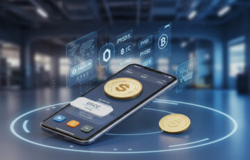 未来的な仮想通貨決済のシーンを描いたイメージ。スマートフォンでの支払い画面とデジタルコインが強調されています。