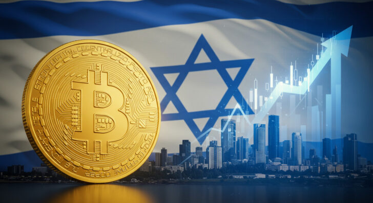 イスラエルの国旗とビットコイン、テルアビブのスカイライン、仮想通貨投資信託を象徴する画像