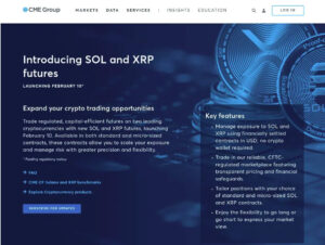 CME GroupのステージングウェブサイトからリークされたXRPとSolana先物商品の製品ページ。規制当局の承認を条件に2025年2月10日に開始される可能性が示唆されている。