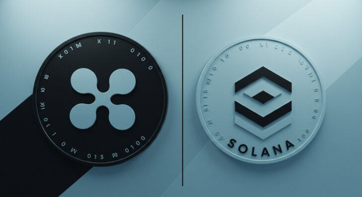 XRPとSolanaの仮想通貨先物を象徴するコインデザイン。クリーンで未来的なレイアウトが特徴。