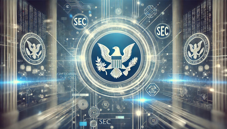 米国証券取引委員会（SEC）の仮想通貨タスクフォースに関する記事用バナー画像。ブロックチェーンと仮想通貨ネットワークを象徴する抽象的なグラフィックとSECのロゴが描かれている。