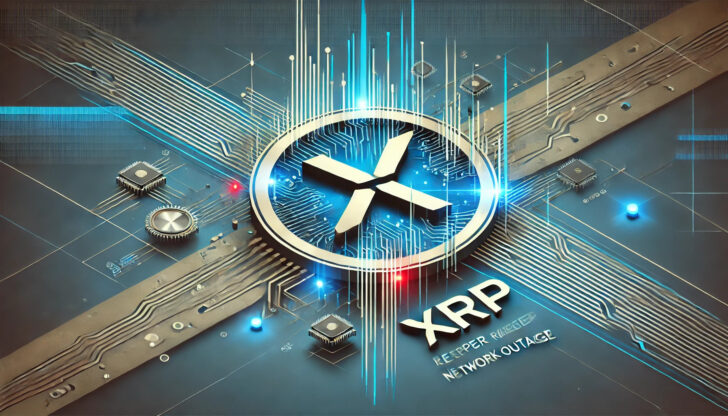 XRP Ledgerのネットワーク障害を象徴するバナー画像。ブロックチェーンのグリッチ効果とXRPロゴが特徴的なデザイン。