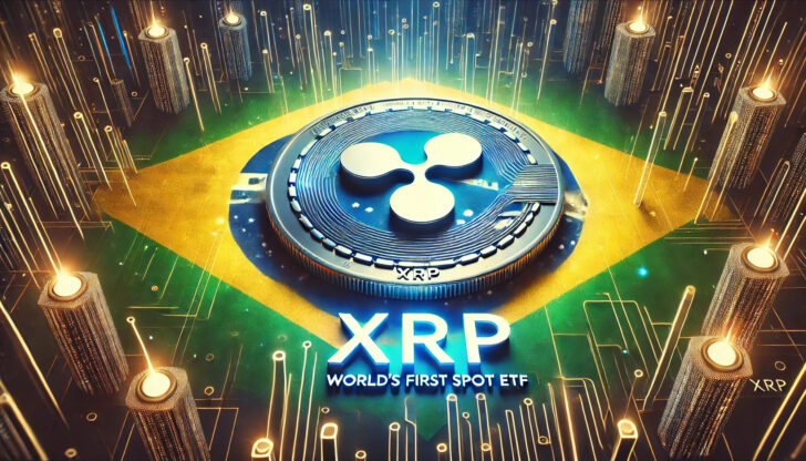 ブラジルが承認した世界初のXRPスポットETFを象徴する画像。中央にXRPロゴとETFマーク、背景にブラジル国旗が描かれている。