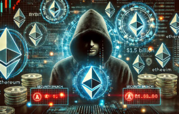 バイビットのハッキング事件を示すサイバーセキュリティイメージ、Ethereumとブロックチェーンコードが表示された高テクノロジー風のデジタルアート