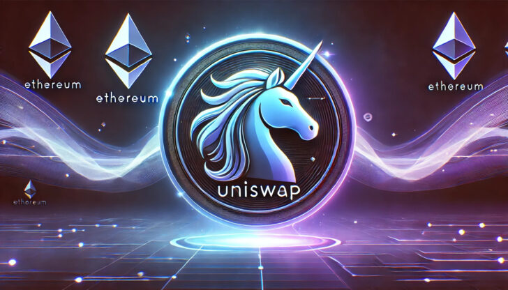 Uniswap v4の未来的なビジュアル。ユニコーンのロゴと流動性を象徴する光のラインが、EthereumネットワークとL2エコシステムの拡大を表現。