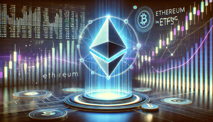 EthereumのステーキングとETF統合を象徴する未来的なデジタルイラスト