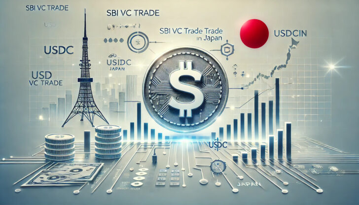 SBI VC Tradeが日本でUSDC取引を開始、ステーブルコインとブロックチェーンを象徴するデジタルイメージ