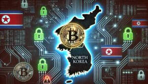 北朝鮮のビットコイン保有量増加を示すサイバー風のデジタルイラスト