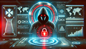 OKXがハッキング試行を受けてDEXアグリゲーターを停止。サイバー攻撃の警告画面とハッカーのシルエットが描かれたデジタルイメージ。