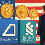 ドイツ銀行とスタンダード・チャータード銀行が米国市場で仮想通貨事業を拡大するイメージ。金融機関が仮想通貨業界に進出するシンボリックなシーン。