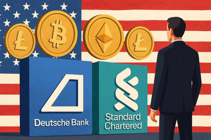 ドイツ銀行とスタンダード・チャータード銀行が米国市場で仮想通貨事業を拡大するイメージ。金融機関が仮想通貨業界に進出するシンボリックなシーン。