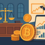 アルゼンチンで進行中の仮想通貨LIBRA詐欺事件の捜査を象徴するイラスト。裁判所、財務調査、仮想通貨取引などの要素が視覚的に描かれている。