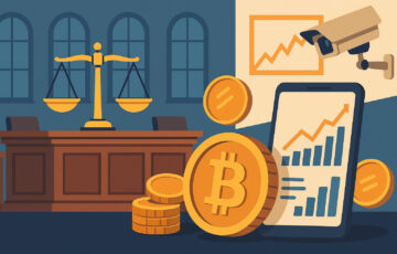 アルゼンチンで進行中の仮想通貨LIBRA詐欺事件の捜査を象徴するイラスト。裁判所、財務調査、仮想通貨取引などの要素が視覚的に描かれている。
