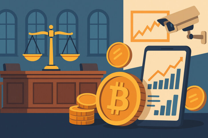 アルゼンチンで進行中の仮想通貨LIBRA詐欺事件の捜査を象徴するイラスト。裁判所、財務調査、仮想通貨取引などの要素が視覚的に描かれている。