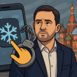 仮想通貨プロジェクトBlumの共同創業者ウラジミール・スメルキス氏の逮捕をイメージしたイラスト。背景にはモスクワの街並みと捜査の緊張感が表現されている。