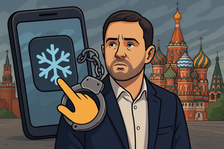 仮想通貨プロジェクトBlumの共同創業者ウラジミール・スメルキス氏の逮捕をイメージしたイラスト。背景にはモスクワの街並みと捜査の緊張感が表現されている。