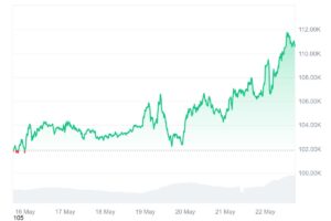 2025年5月16日から22日にかけてのビットコイン価格推移グラフ。111,861ドルの史上最高値を記録。