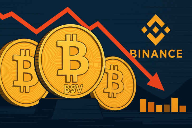バイナンスとビットコインSVを象徴する3枚の金色トークンが裁判の緊張感を表現するイラスト