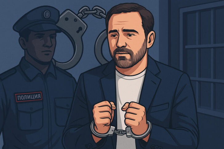 ウラジミール・スメルキス氏をモデルにしたイラスト風の男性と、仮想通貨詐欺のイメージ背景