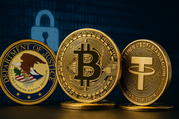 米司法省とテザー社による仮想通貨詐欺ネットワークの摘発を象徴するビジュアル