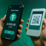USDTを表示したスマートフォンでQRコードを読み取り、仮想通貨決済を行っているシーン。背景にブロックチェーンを示すデジタルな演出。