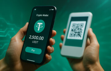 USDTを表示したスマートフォンでQRコードを読み取り、仮想通貨決済を行っているシーン。背景にブロックチェーンを示すデジタルな演出。