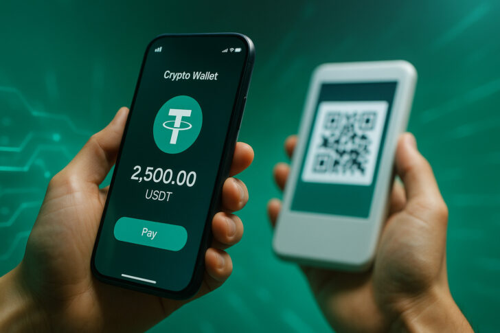 USDTを表示したスマートフォンでQRコードを読み取り、仮想通貨決済を行っているシーン。背景にブロックチェーンを示すデジタルな演出。