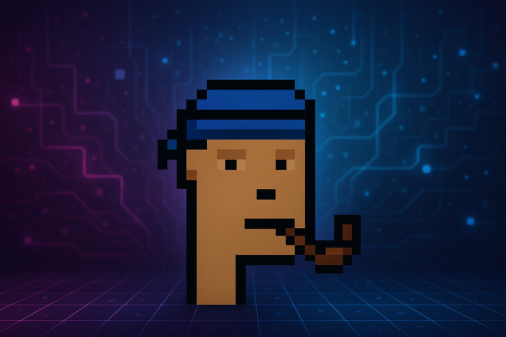 サイバーな背景の中に配置されたCryptoPunksのピクセルキャラクター
