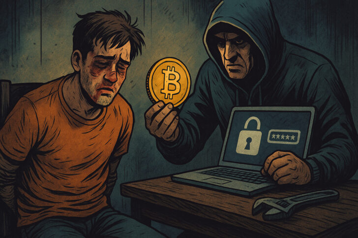 仮想通貨のパスワードを奪う目的で拘束・拷問された被害者の状況を象徴的に描いたイラスト