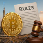 ドバイの都市風景とビットコイン、法の象徴であるハンマーとルール文書の合成画像