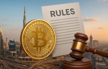 ドバイの都市風景とビットコイン、法の象徴であるハンマーとルール文書の合成画像