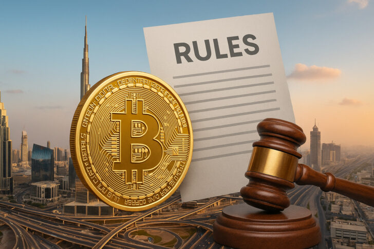 ドバイの都市風景とビットコイン、法の象徴であるハンマーとルール文書の合成画像