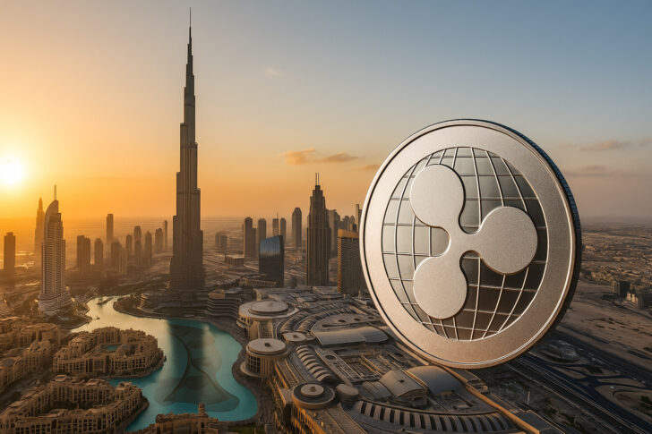 ドバイの未来的な都市景観とブロックチェーンを象徴するイメージ。不動産のトークン化とXRP Ledgerの採用を示唆。