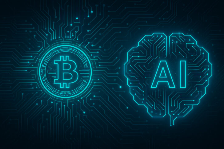 ブロックチェーンとAIが融合した未来的なハイテク都市のイメージ