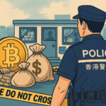 香港警察による仮想通貨マネーロンダリング組織摘発をイメージしたイラスト。都市の金融エリアを背景に、捜査や資金洗浄の緊張感を描写している。