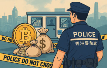 香港警察による仮想通貨マネーロンダリング組織摘発をイメージしたイラスト。都市の金融エリアを背景に、捜査や資金洗浄の緊張感を描写している。