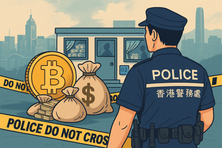 香港警察による仮想通貨マネーロンダリング組織摘発をイメージしたイラスト。都市の金融エリアを背景に、捜査や資金洗浄の緊張感を描写している。