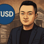 ジャスティン・サン氏がTUSD準備金不正流用疑惑を告発し、FDTとドバイ銀行を非難する様子を描いたイラスト