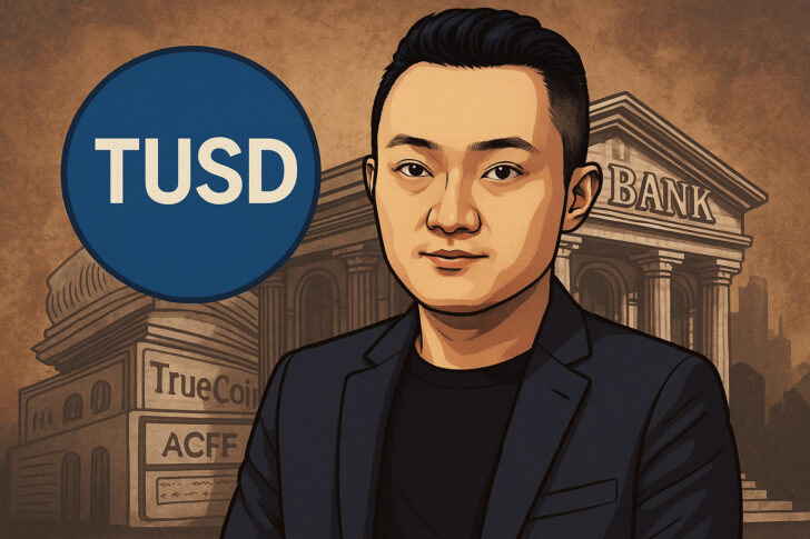 ジャスティン・サン氏がTUSD準備金不正流用疑惑を告発し、FDTとドバイ銀行を非難する様子を描いたイラスト