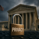 米国最高裁判所の前に置かれた「PRIVACY」と書かれた南京錠とキーボード。デジタル時代のプライバシー保護と司法の関係を象徴。