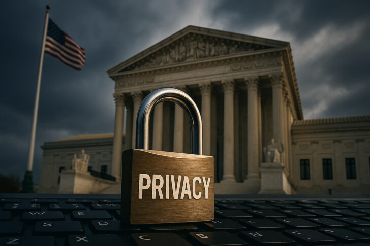 米国最高裁判所の前に置かれた「PRIVACY」と書かれた南京錠とキーボード。デジタル時代のプライバシー保護と司法の関係を象徴。