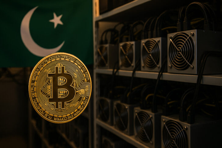 パキスタンの国旗とビットコインマイニング施設が並ぶ構図の写真