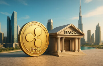 ドバイの都市風景と銀行、そしてリップル（XRP）コインを組み合わせたビジュアル