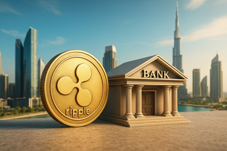 ドバイの都市風景と銀行、そしてリップル（XRP）コインを組み合わせたビジュアル