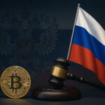ロシア国旗、ビットコイン、裁判官の木槌を配置した仮想通貨規制を象徴する画像